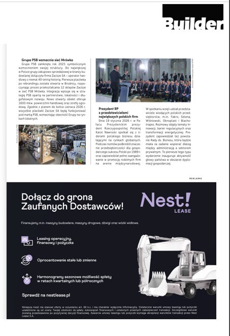 Reklama Nest Lease w magazynie Builder: Dołącz do grona Zaufanych Dostawców, finansowanie maszyn budowlanych